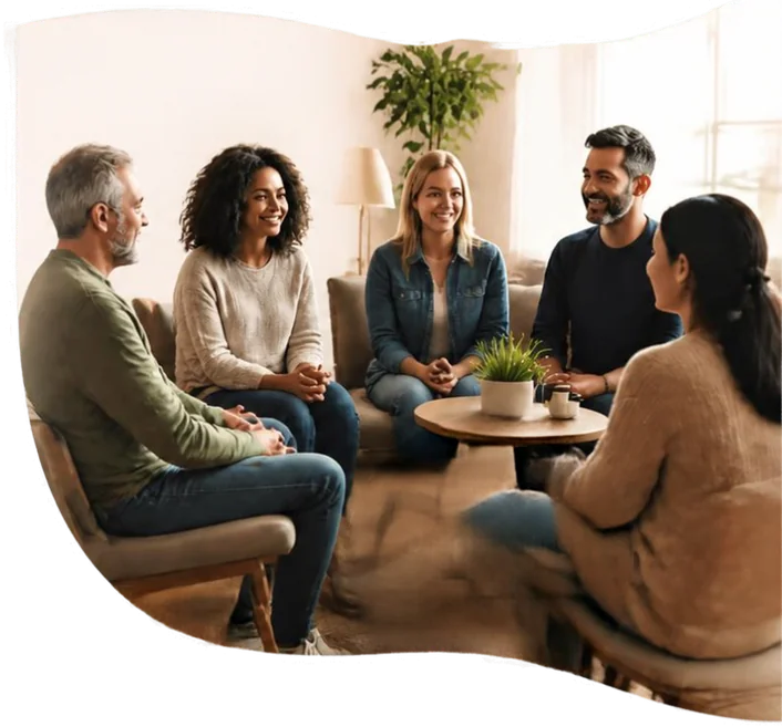 A small group chatting together over tea in a relaxed, homely room